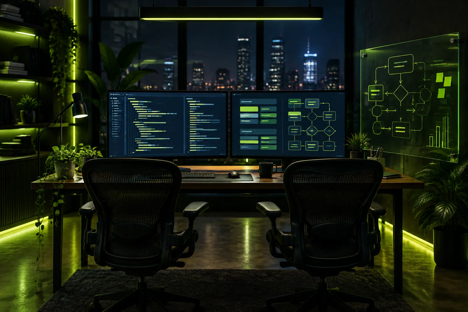 Estudio de desarrollo de noche con dos monitores y un tablero de estrategia