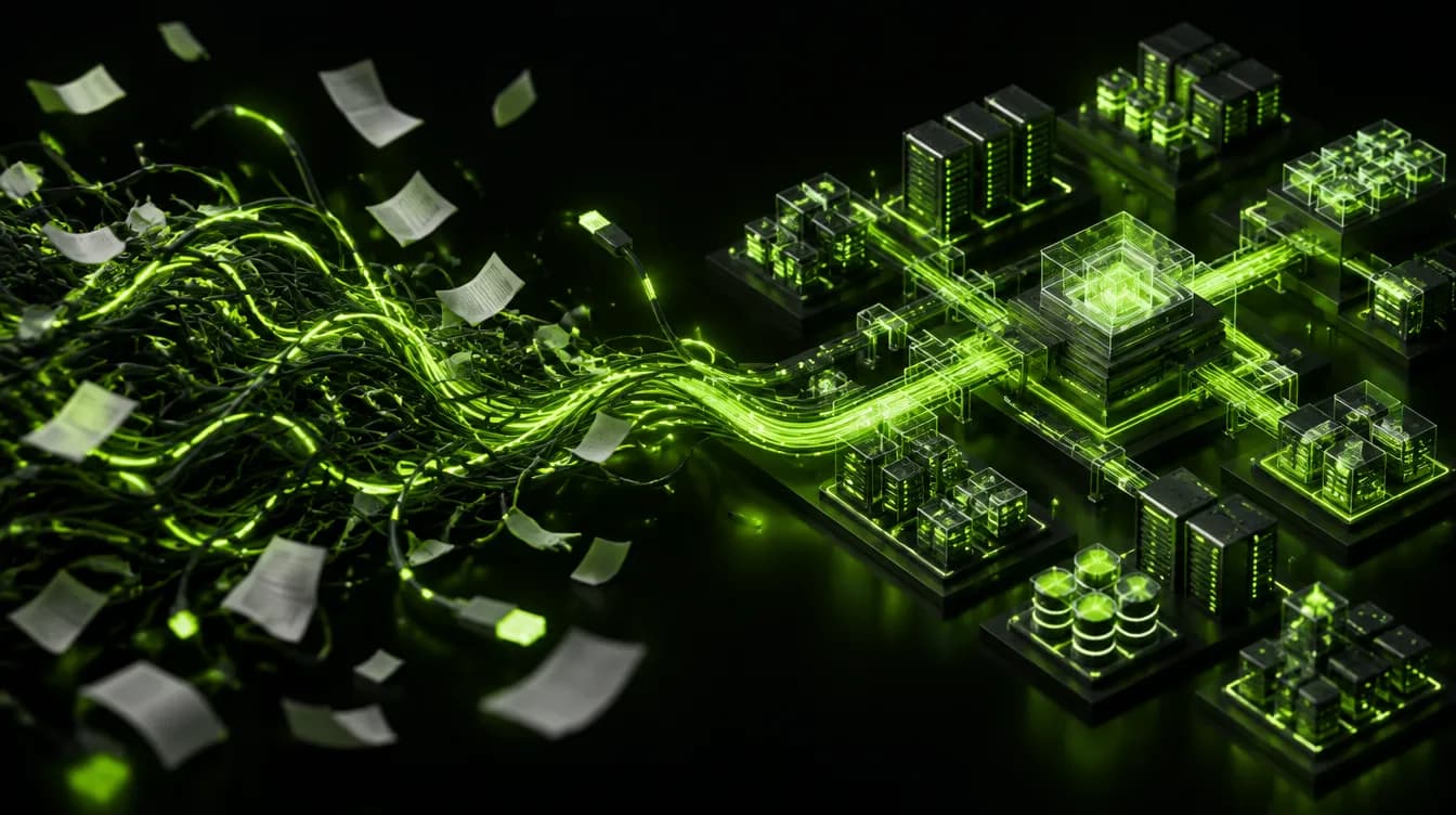Cables enredados y papeles que se transforman en un circuito ordenado de módulos de datos iluminados en verde